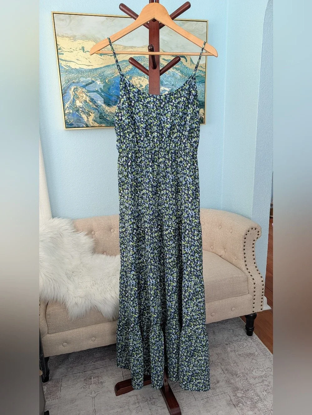 Michael Kors Blue Green and White  Floral  Maxi Dress Woman's   Sz P/M.